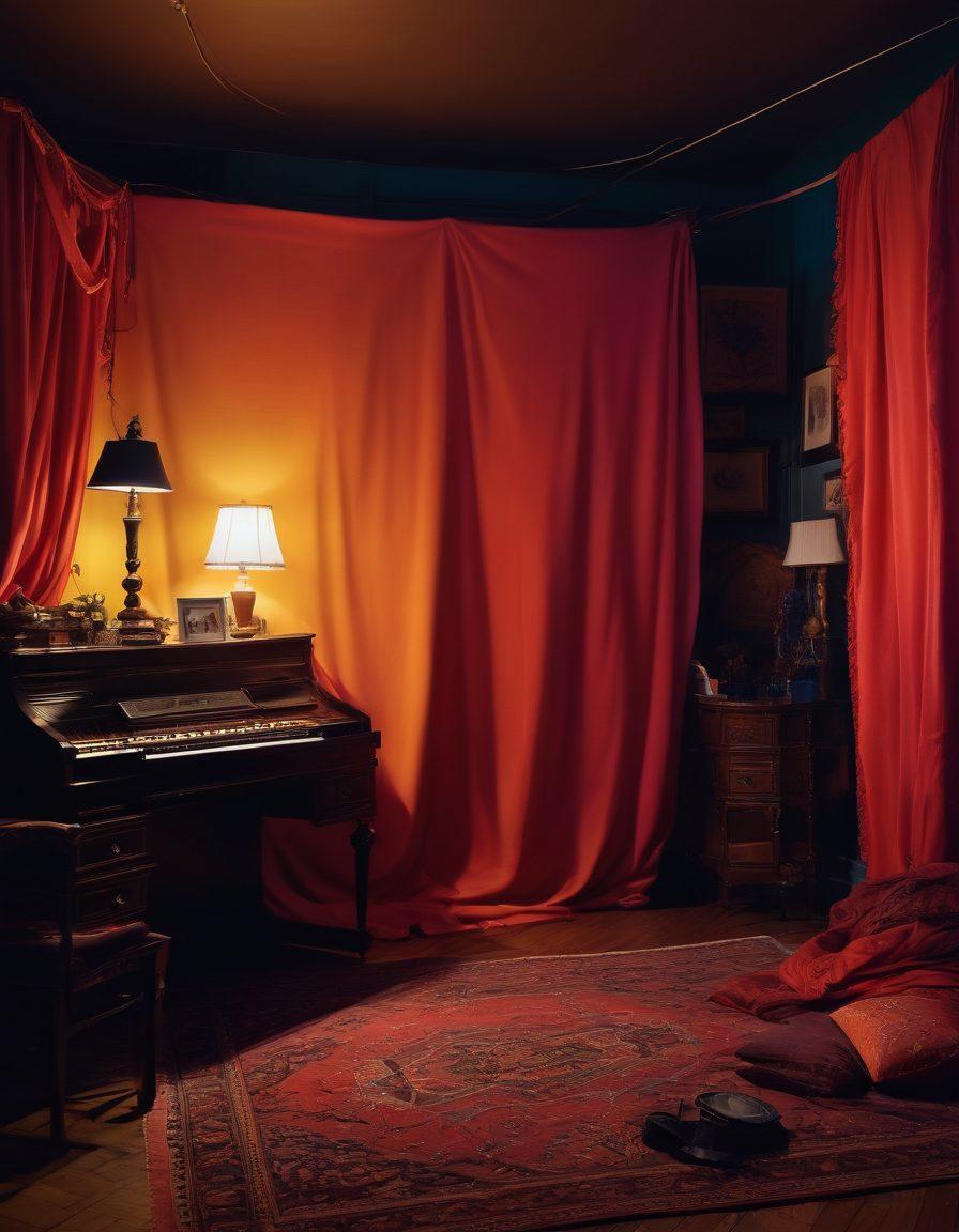 A captivating and artistic portrayal of a hidden studio set, where vibrant lights illuminate the contrasting emotions of joy and taboo. Lush fabrics and elaborate props create an intimate atmosphere while shadows hint at the complex narrative behind adult entertainment. Diverse silhouettes engage in playful interactions, embodying the essence of balance between explicit content and enjoyment. The overall composition evokes a sense of curiosity and intrigue, inviting viewers to explore deeper themes. super-realistic. vibrant colors. moody lighting.