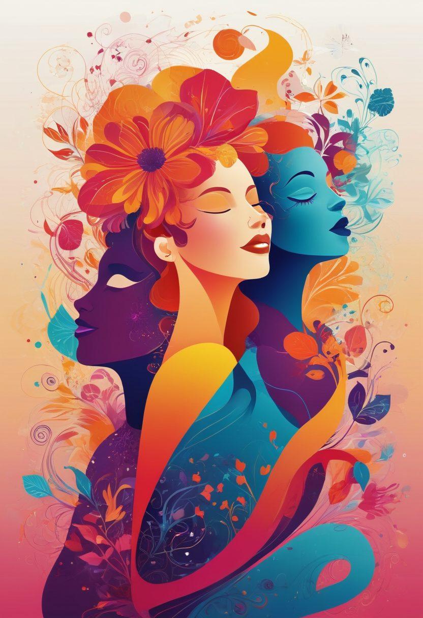 An abstract representation of joyful yet complex interactions in the adult content world, featuring vibrant colors and silhouettes of diverse people in playful poses, surrounded by swirling patterns symbolizing emotions and societal taboos. Add elements like masks and flowers to represent duality and hidden identities. The background should be a soft gradient to enhance the figures. vector art. vibrant colors.